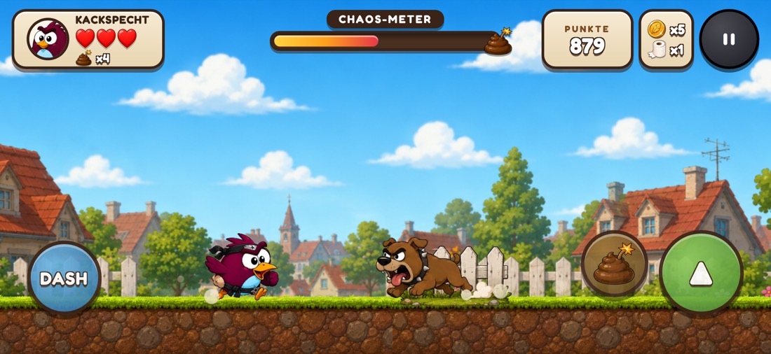 Mobile-Gameplay: Hund jagt Kackspecht